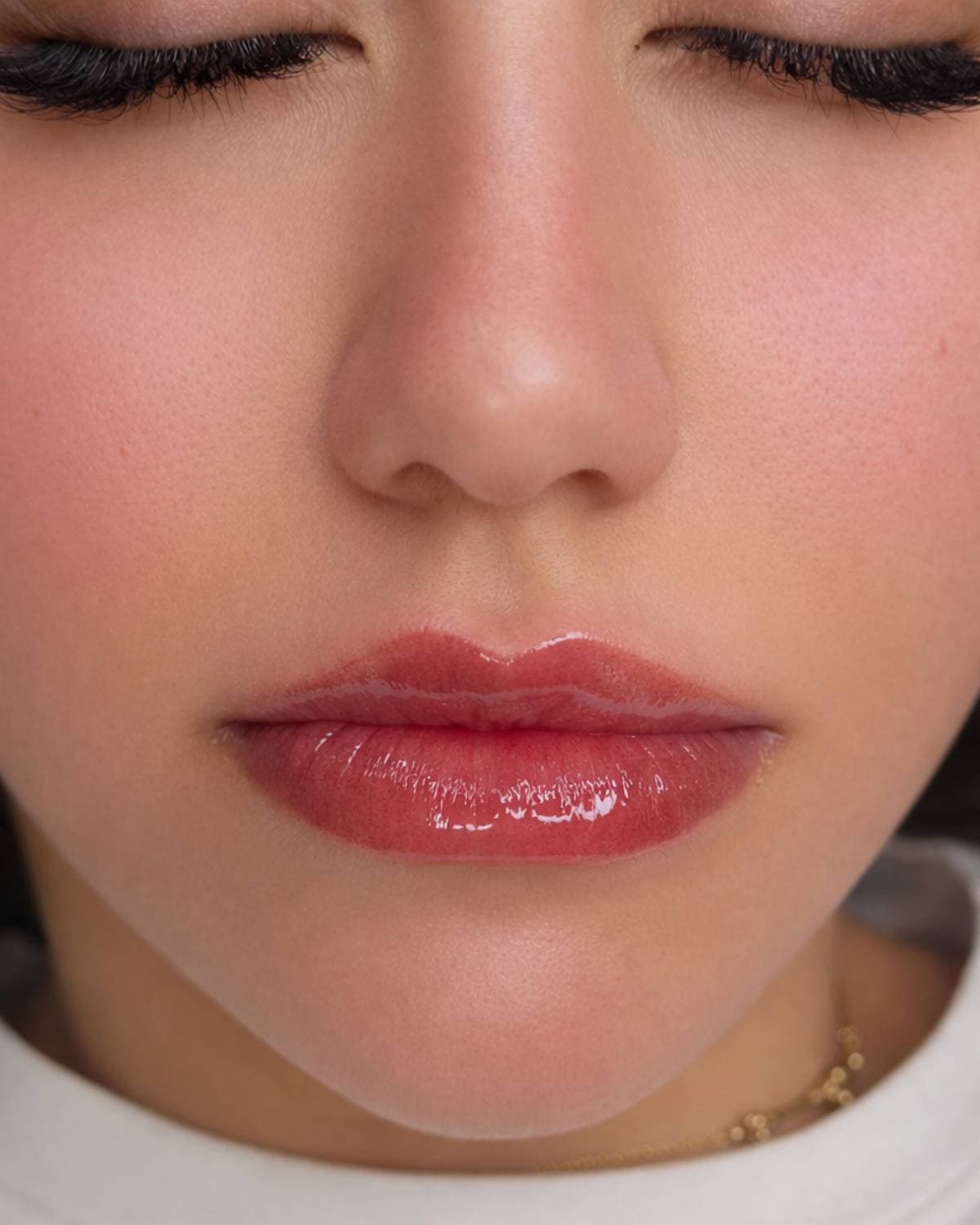 The same client's lips immediately after lip blush — a warm rose tint with a defined lip line